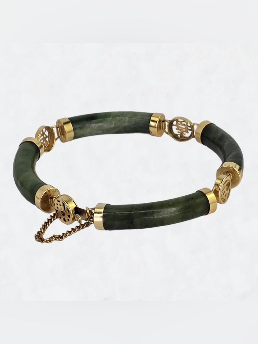 Vintage 70’s Green Nephrite Jade Tube Bracelet with Gold Accents 7-8”